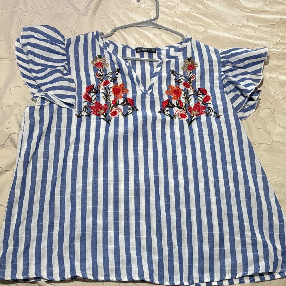 SHEIN Blue Striped Blouse with Red Floral Embroidery